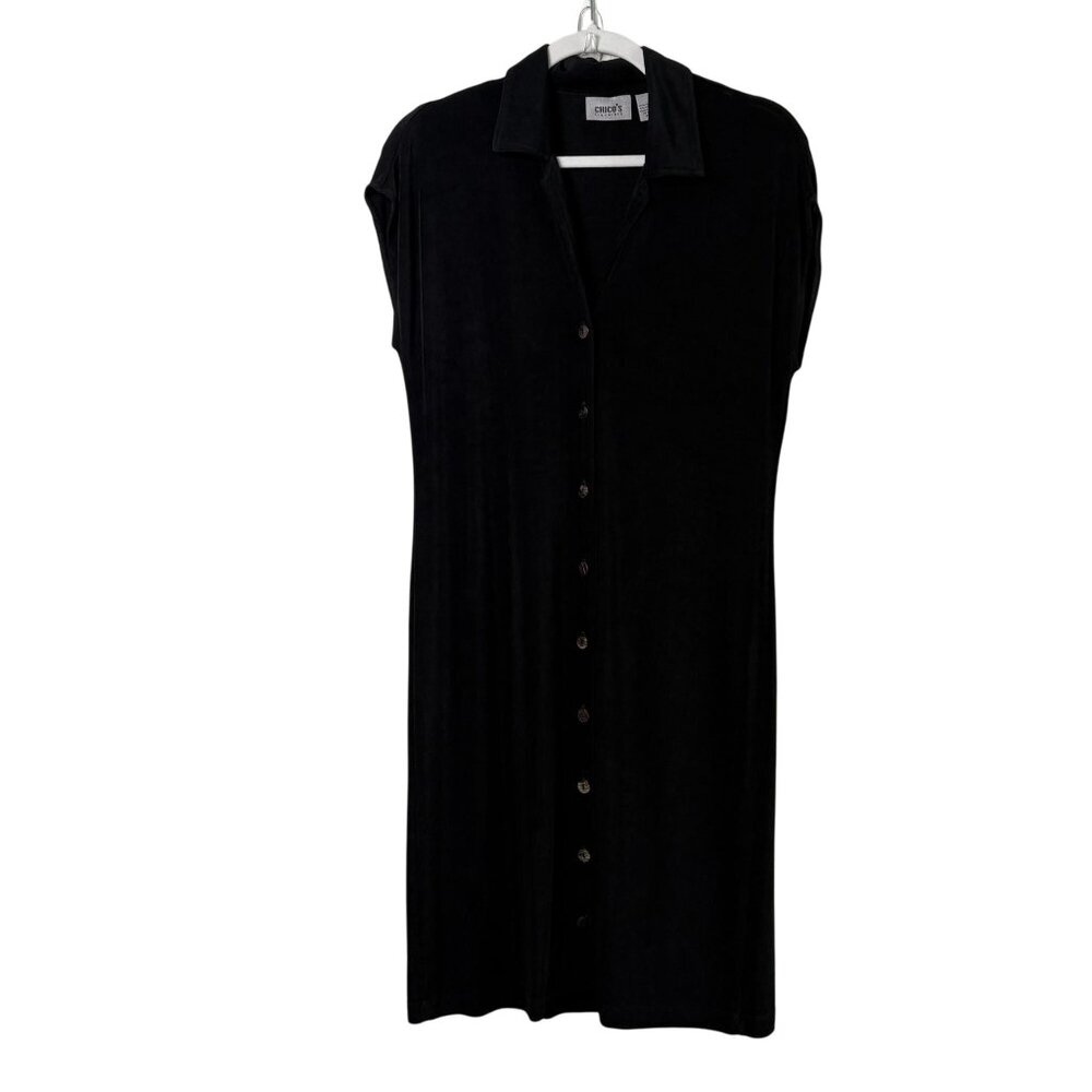 Chicos Travelers Button Up Midi Dress Size 1 US M Black Collared Slinky USA